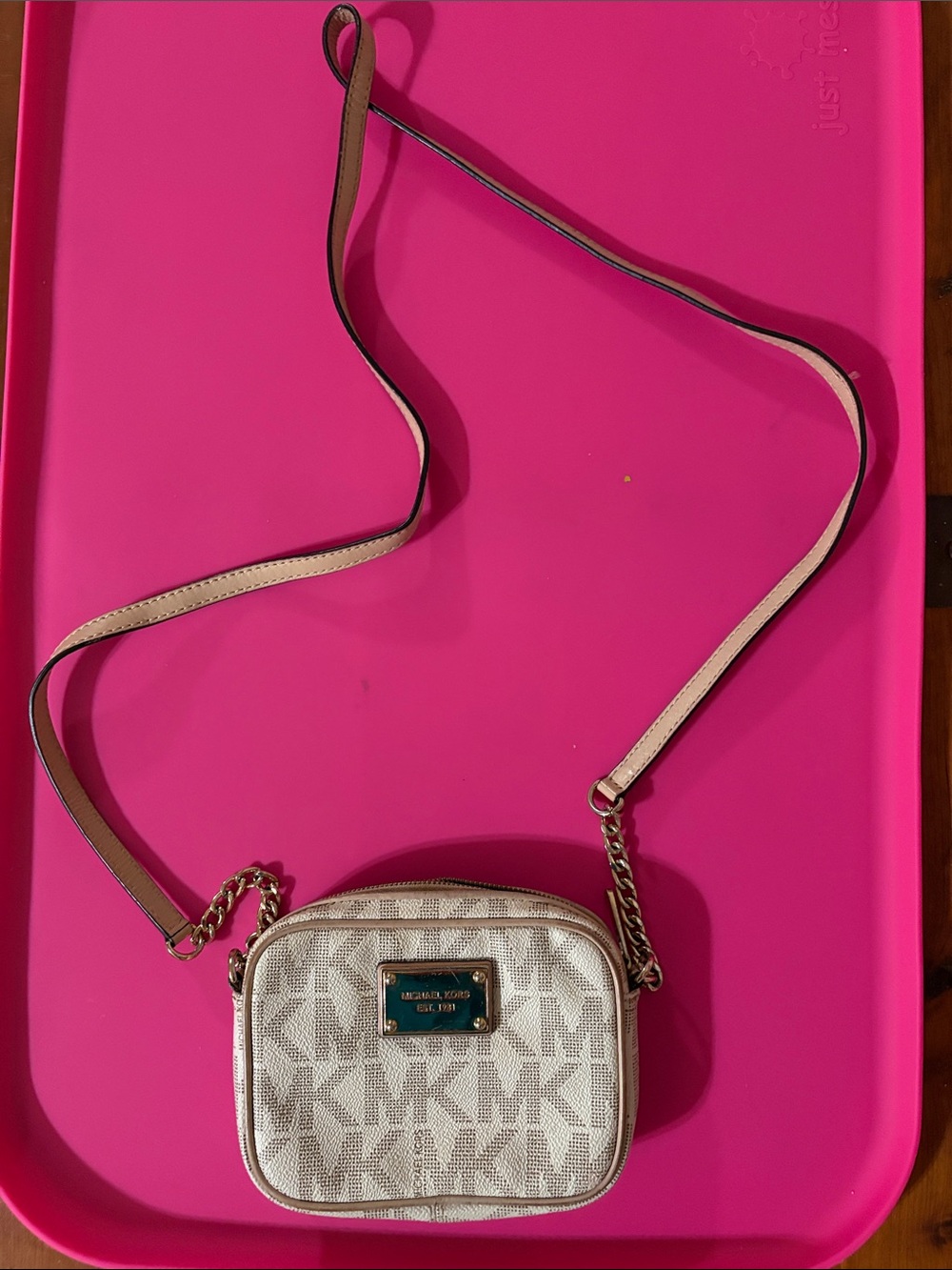 Michael Kors Cream Logo Crossbody Bag with Gold Plaque